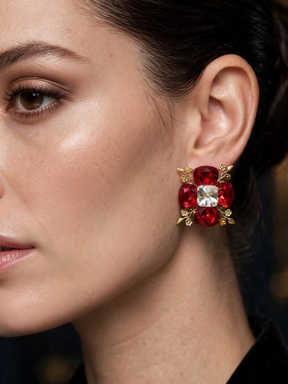 Vintage-Style Gold Red Crystal Floral Clip-On Statement Earrings